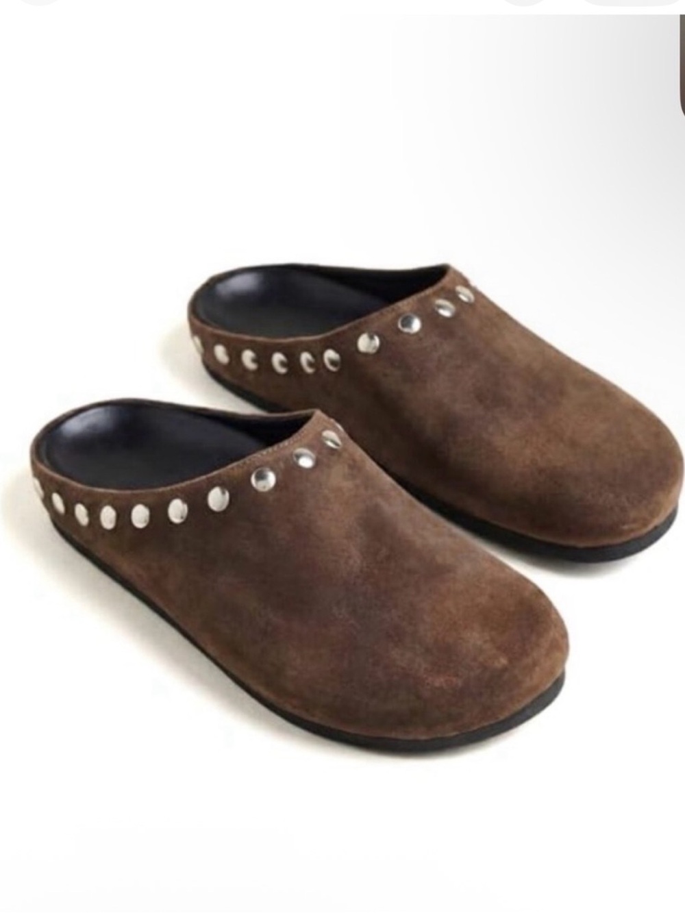 $160 By Anthropologie Brown Suede Studded Slip-On Mules Size 38 - 7 - 7.5 - Picture 1 of 4